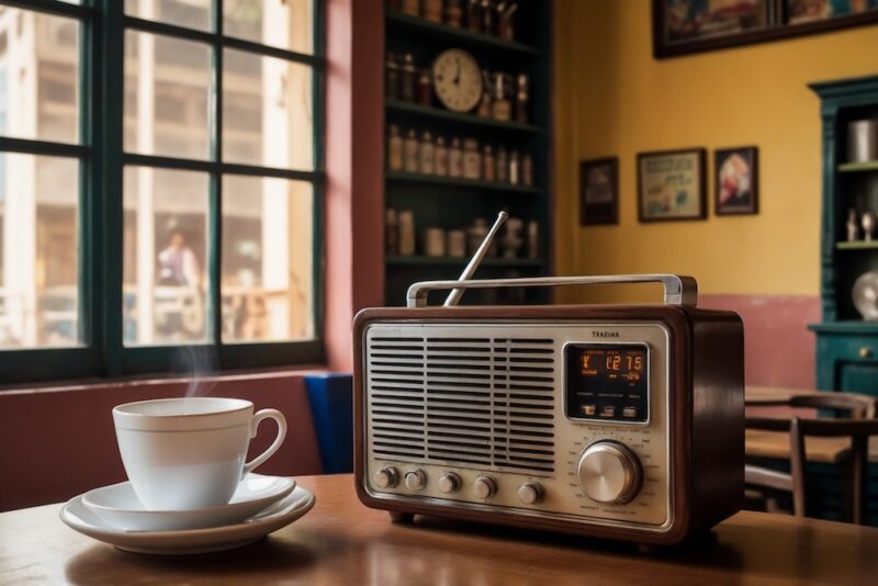 radioapparat och en kopp kaffe